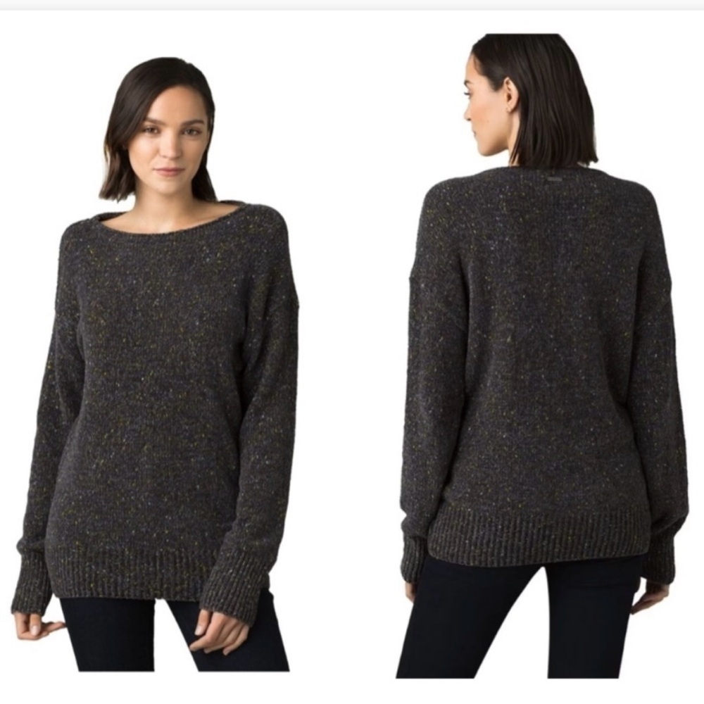 PRANA Cypris Speckled Marled Knit Sweater Gray Chenille Boatneck Tunic Size L - Picture 2 of 15